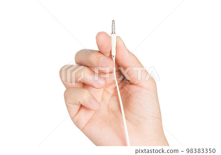 closeup hand holding headphone cable 98383350