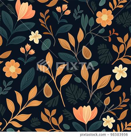 Seamless Floral Pattern on Black Background. Vector 98383936