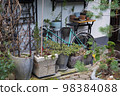 The old bicycle hid in tne garden between plants and old things. 98384088