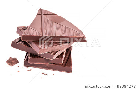 Close up pieces of chocolate on a white background, dessert isolated, health concept Close up pieces of chocolate on a white background, dessert isolated, health concept 98384278