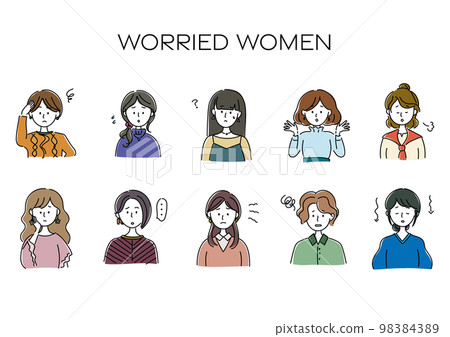 Troubled, depressed, worried woman avatar, simple icon set 98384389