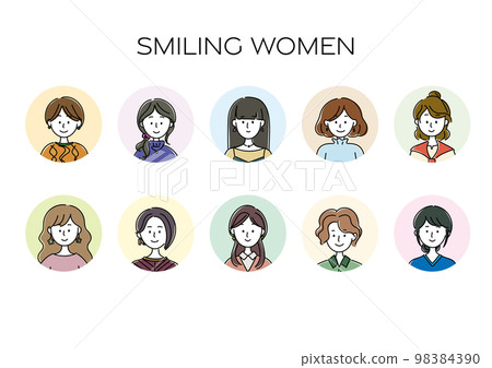 Female avatar facing the front with a smile, simple icon set 98384390