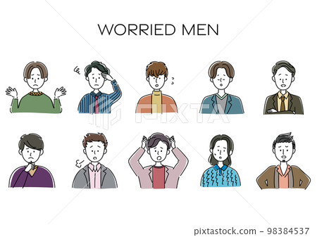 Troubled, depressed, worried male avatar, simple icon set 98384537