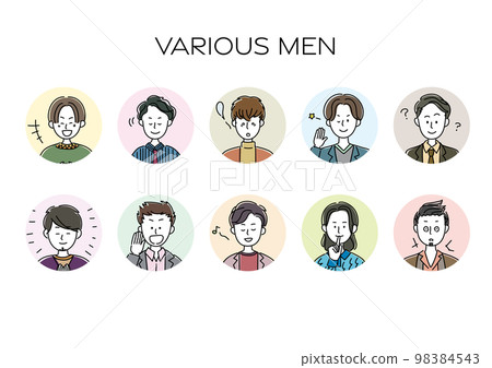 Male avatars with various expressions, simple icon set Male avatars with various expressions, simple icon set 98384543