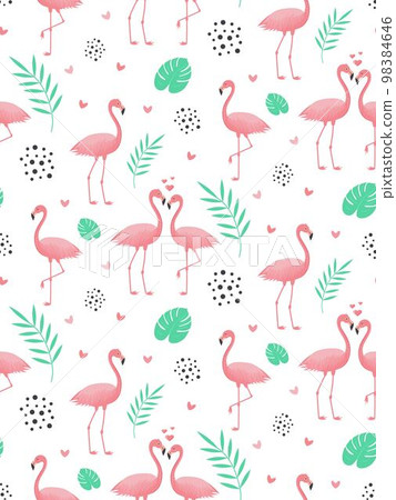 Seamless pattern with flamingos, hearts, dots, monsteras leaves and twigs.  Cartoon vector illustration for prints, clothing, packaging and postcards. 98384646