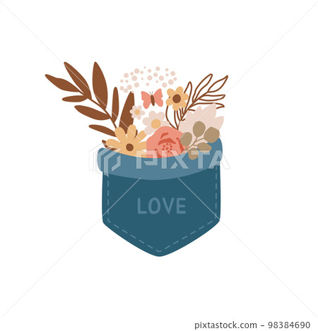 Bouquet in jeans pocket with word love isolated element hand drawing in vector. Cute summer flowers, leaves, pocket illustration. Bouquet in jeans pocket with word love isolated element hand drawing in vector. Cute summer flowers, leaves, pocket illustration. 98384690