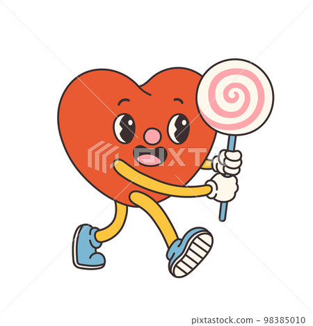 Trendy groovy Valentines day illustration. Retro cartoon style valentines day. 70s 60s aesthetics vintage vector. Trendy groovy Valentines day illustration. Retro cartoon style valentines day. 70s 60s aesthetics vintage vector. 98385010