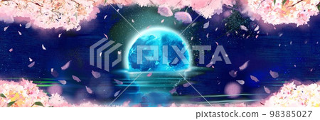 A blue full moon sinking on the sea surface reflecting the starry night sky and a fantastic cherry blossom storm panorama illustration with falling cherry blossom petals 98385027