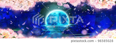 A blue full moon sinking on the sea surface reflecting the starry night sky and a fantastic cherry blossom storm panorama illustration with falling cherry blossom petals 98385028