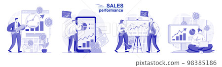 Sales performance isolated set in flat design. People analyzing financial data, earnings increase , collection of scenes. Vector illustration for blogging, website, mobile app, promotional materials. 98385186