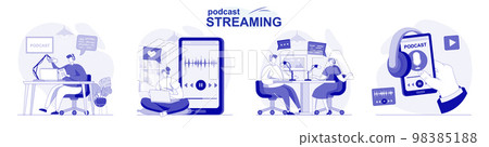 Podcast streaming isolated set in flat design. People make online broadcast or recording at studio, collection of scenes. Vector illustration for blogging, website, mobile app, promotional materials. 98385188
