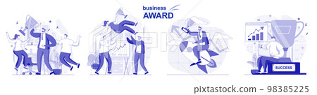 Business award isolated set in flat design. People celebrate victory, get cup, win trophies, success collection of scenes. Vector illustration for blogging, website, mobile app, promotional materials. Business award isolated set in flat design. People celebrate victory, get cup, win trophies, success collection of scenes. Vector illustration for blogging, website, mobile app, promotional materials. 98385225