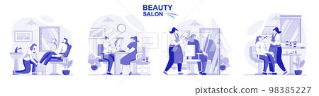 Beauty salon isolated set in flat design. People get manicure, pedicure, makeup, hairdresser works collection of scenes. Vector illustration for blogging, website, mobile app, promotional materials. Beauty salon isolated set in flat design. People get manicure, pedicure, makeup, hairdresser works collection of scenes. Vector illustration for blogging, website, mobile app, promotional materials. 98385227