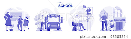 School isolated set in flat design. People get education, pupils and students learning at lessons collection of scenes. Vector illustration for blogging, website, mobile app, promotional materials. 98385234