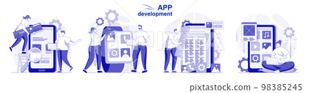 App development isolated set in flat design. People program and develop software for mobile phone collection of scenes. Vector illustration for blogging, website, mobile app, promotional materials. 98385245