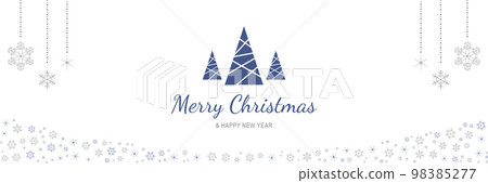 Merry Christmas and New Year 2022 poster. Xmas minimal banner with abstract trees, hanging snowflakes and text on white background. Horizontal web header. Vector illustration for greeting card design 98385277