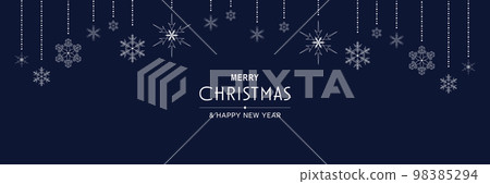 Merry Christmas and New Year 2022 poster. Xmas minimal banner design with hanging snowflakes and text on blue background. Horizontal festive header of website. Vector illustration for greeting card 98385294