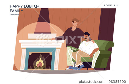 Happy LGBT family concept. Loving men sitting by fireplace at living room, relax at home. Multiracial homosexual couple, gay relationship daily life. Vector illustration of people in flat design Happy LGBT family concept. Loving men sitting by fireplace at living room, relax at home. Multiracial homosexual couple, gay relationship daily life. Vector illustration of people in flat design 98385300