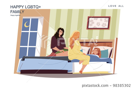 Happy LGBT family concept. Female mothers put little daughter to bed at home. Diverse homosexual couple, lesbian relationship, parenthood and motherhood. Vector illustration of people in flat design 98385302