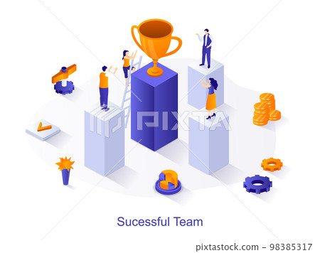 Successful team isometric web concept. People working together, achieve business goals, win valuable trophies and receive winner cup scene. Vector illustration for website template in 3d design Successful team isometric web concept. People working together, achieve business goals, win valuable trophies and receive winner cup scene. Vector illustration for website template in 3d design 98385317