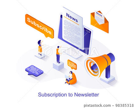 Subscription newsletter isometric web concept. People receive promotional letters at e-mail. Business communication and online promotion scene. Vector illustration for website template in 3d design Subscription newsletter isometric web concept. People receive promotional letters at e-mail. Business communication and online promotion scene. Vector illustration for website template in 3d design 98385318