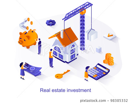 Real estate investment isometric web concept. People building new houses, invest money in construction and sale or buy of apartments scene. Vector illustration for website template in 3d design 98385332