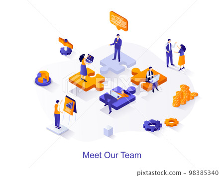 Meet our team isometric web concept. People working together, successful teamwork, branding and idea generation, business communication scene. Vector illustration for website template in 3d design Meet our team isometric web concept. People working together, successful teamwork, branding and idea generation, business communication scene. Vector illustration for website template in 3d design 98385340