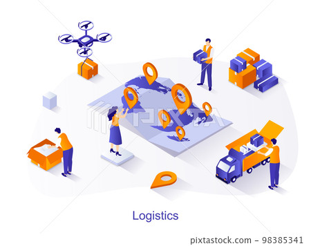 Logistics isometric web concept. People holding parcels and load boxes onto truck, transportation and fast shipping. Global delivery scene. Vector illustration for website template in 3d design 98385341