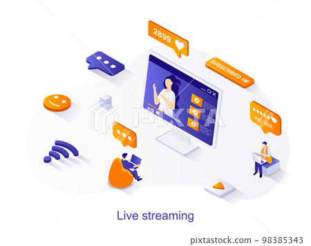 Live streaming isometric web concept. People watching blogger video stream, movie or news using laptops. Internet broadcast service scene. Vector illustration for website template in 3d design 98385343