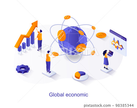 Global economic isometric web concept. People study financial statistics, world markets, dollar currency charts. Marketing and investment scene. Vector illustration for website template in 3d design 98385344