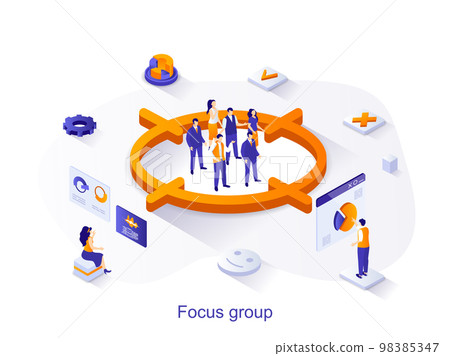 Focus group isometric web concept. People study audience, aim at group, research data and customer behavior. Market research method scene. Vector illustration for website template in 3d design 98385347