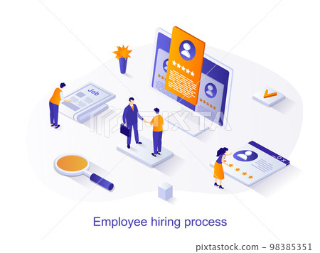 Employee hiring process isometric web concept. People look at resume, choose candidate for vacancy, conduct job interview. Human resources scene. Vector illustration for website template in 3d design Employee hiring process isometric web concept. People look at resume, choose candidate for vacancy, conduct job interview. Human resources scene. Vector illustration for website template in 3d design 98385351