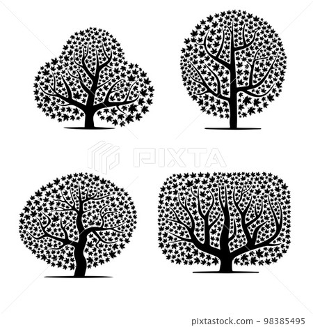 Abstract maple leaves black tree silhouettes set Abstract maple leaves black tree silhouettes set 98385495