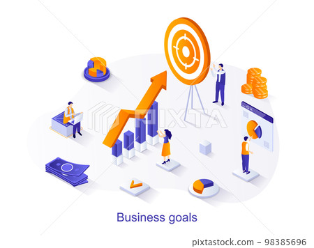 Business goals isometric web concept. People work together on project, aim at target, increase company profit, analyze financial statistics scene. Vector illustration for website template in 3d design 98385696