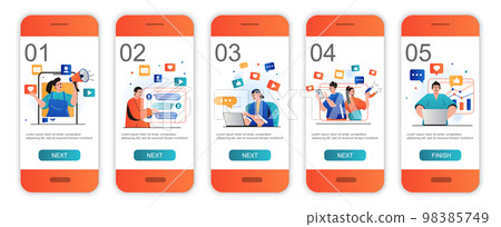 Social media marketing concept onboarding screens for mobile app templates. Online promotion. Modern UI, UX, GUI screens user interface kit with people scenes for web design. Vector illustration 98385749