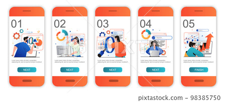 Seo analysis concept onboarding screens for mobile app templates. Analysts optimize search data. Modern UI, UX, GUI screens user interface kit with people scenes for web design. Vector illustration Seo analysis concept onboarding screens for mobile app templates. Analysts optimize search data. Modern UI, UX, GUI screens user interface kit with people scenes for web design. Vector illustration 98385750