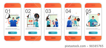 Photo studio concept onboarding screens for mobile app templates. Photographers do photo shoots. Modern UI, UX, GUI screens user interface kit with people scenes for web design. Vector illustration Photo studio concept onboarding screens for mobile app templates. Photographers do photo shoots. Modern UI, UX, GUI screens user interface kit with people scenes for web design. Vector illustration 98385765