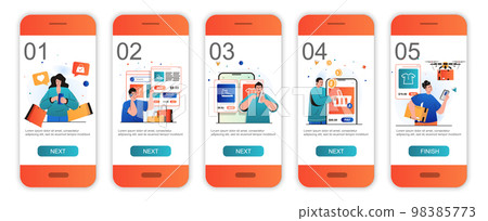 Mobile commerce concept onboarding screens for mobile app templates. Buyers shopping, pay online. Modern UI, UX, GUI screens user interface kit with people scenes for web design. Vector illustration Mobile commerce concept onboarding screens for mobile app templates. Buyers shopping, pay online. Modern UI, UX, GUI screens user interface kit with people scenes for web design. Vector illustration 98385773