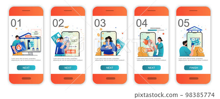 Mobile banking concept onboarding screens for mobile app templates. Online payment, accounting. Modern UI, UX, GUI screens user interface kit with people scenes for web design. Vector illustration Mobile banking concept onboarding screens for mobile app templates. Online payment, accounting. Modern UI, UX, GUI screens user interface kit with people scenes for web design. Vector illustration 98385774