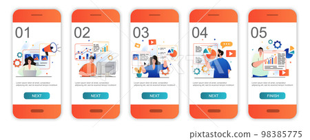 Marketing concept onboarding screens for mobile app templates. Business promotion, data analysis. Modern UI, UX, GUI screens user interface kit with people scenes for web design. Vector illustration Marketing concept onboarding screens for mobile app templates. Business promotion, data analysis. Modern UI, UX, GUI screens user interface kit with people scenes for web design. Vector illustration 98385775