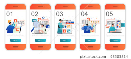 App development concept onboarding screens for mobile app templates. Developers coding and working. Modern UI, UX, GUI screens user interface kit with people scenes for web design. Vector illustration App development concept onboarding screens for mobile app templates. Developers coding and working. Modern UI, UX, GUI screens user interface kit with people scenes for web design. Vector illustration 98385814