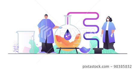 Science laboratory concept for web banner. Scientists make scientific research, experiment on lab equipment , modern people scene. Vector illustration in flat cartoon design with person characters 98385832