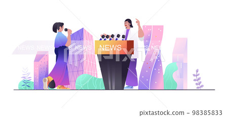 Journalism concept for web banner. Woman journalist takes commentary or interview, host of news in tv studio, modern people scene. Vector illustration in flat cartoon design with person characters 98385833