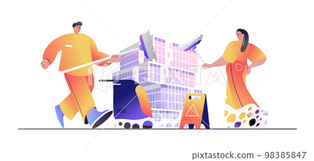 Cleaning service concept for web banner. Man and woman employees with mops clean office spaces or do housework modern people scene. Vector illustration in flat cartoon design with person characters 98385847