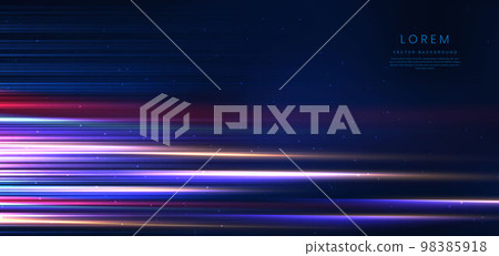 Abstract technology futuristic neon horizontal glowing blue and pink  light lines with speed motion blur effect on dark blue background. 98385918