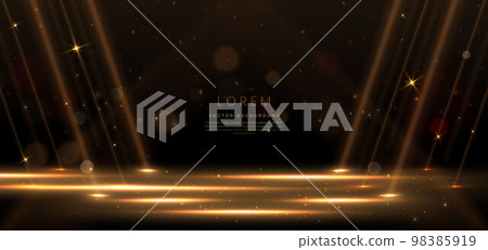 Elegant golden stage horizontal glowing with lighting effect sparkle on black background. Template premium award design. 98385919