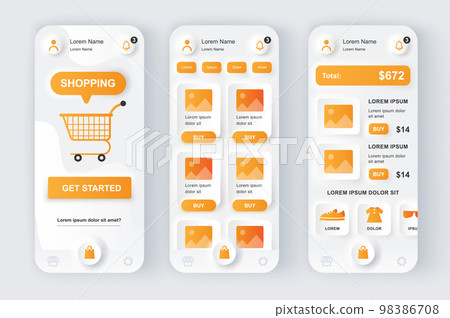 Online shopping concept neumorphic templates set. Shop web page, store assortment, purchase and order payment. UI, UX, GUI screens for responsive mobile app. Vector design kit in neumorphism style 98386708