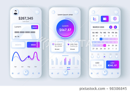 Finance services concept neumorphic templates set. Online banking, account opening, monitoring and navigation. UI, UX, GUI screens for responsive mobile app. Vector design kit in neumorphism style 98386845