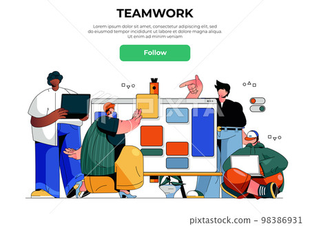 Teamwork web banner concept. Men and women colleagues collaborate on project, create website template, success brainstorm, landing page template. Vector illustration with people scene in flat design 98386931