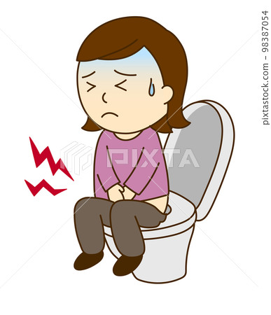 A woman who seems to have a stomachache in the toilet A woman who seems to have a stomachache in the toilet 98387054